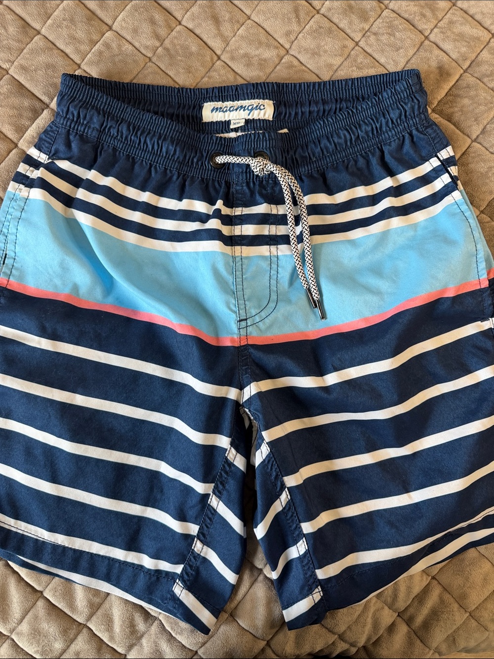 Maamgic Men’s Navy, Light Blue & Coral Stripe Swim Trunks